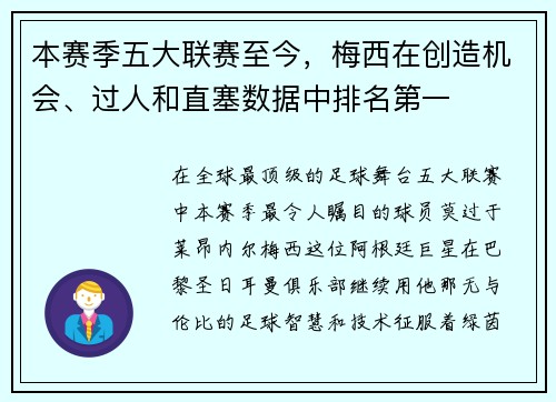 本赛季五大联赛至今，梅西在创造机会、过人和直塞数据中排名第一