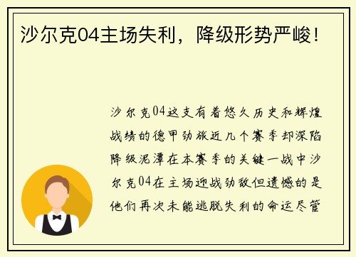 沙尔克04主场失利，降级形势严峻！