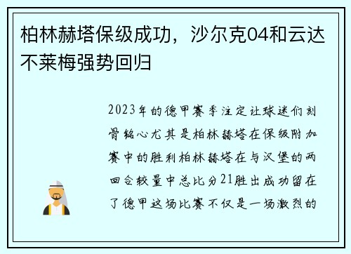 柏林赫塔保级成功，沙尔克04和云达不莱梅强势回归