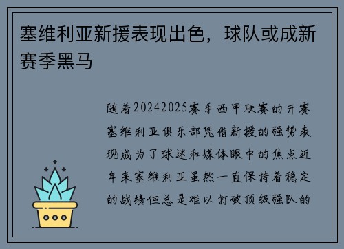 塞维利亚新援表现出色，球队或成新赛季黑马